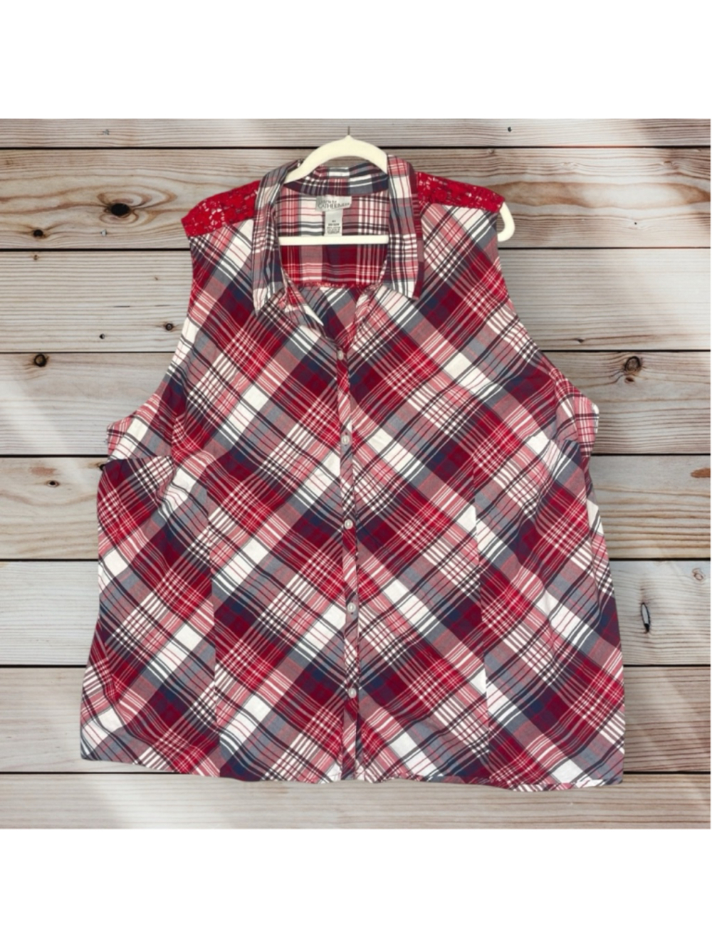 Plus Size 4X Plaid Sleeveless Top Lace Back Cottagecore Red